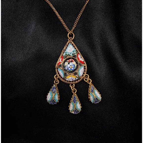 Vintage 1920s-1940s Gold-Tone Millefiori Mosaic Pendant Necklace With Teardrop C - Picture 3 of 7